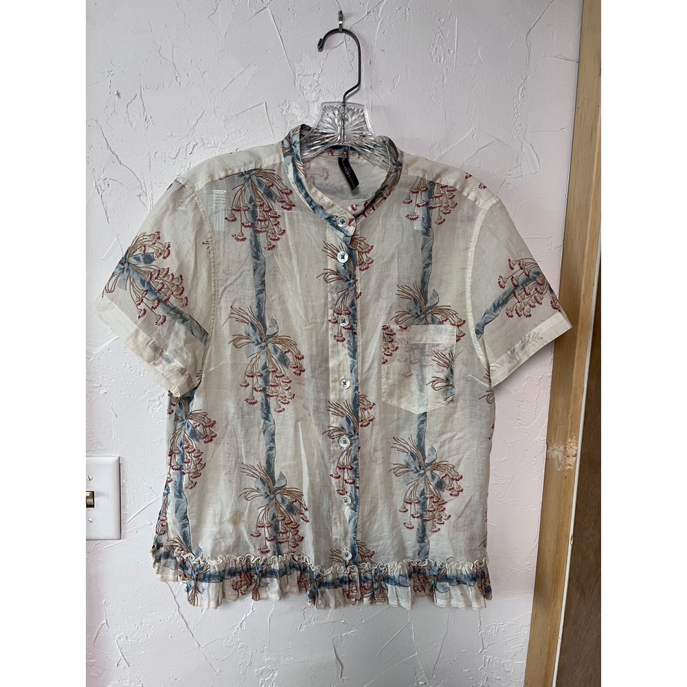 HIGH USE Botanical Print Button Up Shirt Ruffle Hem Short Sleeve Women's Size M‎
